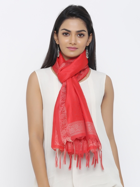 

SOUNDARYA Women Coral Red Woven Design Stole