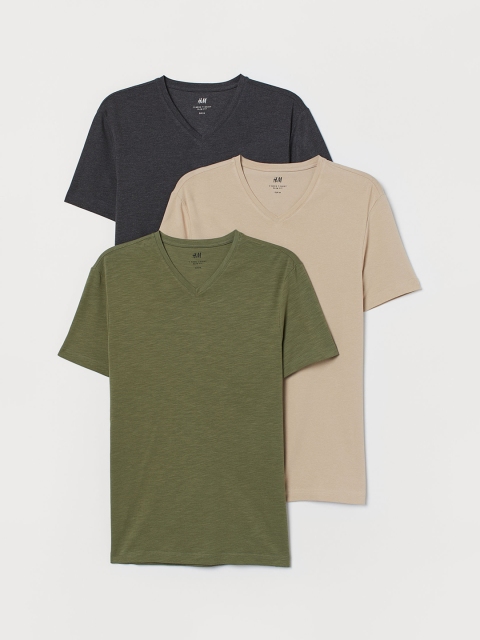 

H&M Men Solid 3-Pack T-Shirts Slim Fit, Olive