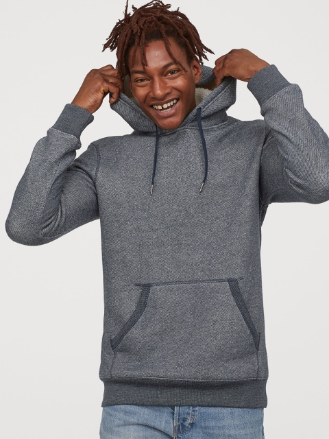 

H&M Men Navy Blue & Grey Top With A Pile-Lined Hood
