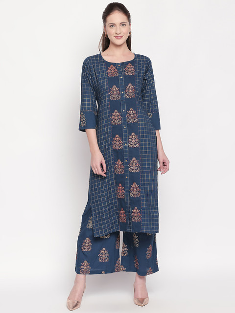 

ZRI Women Navy Blue & Gold-Toned Embroidered Kurti with Palazzos