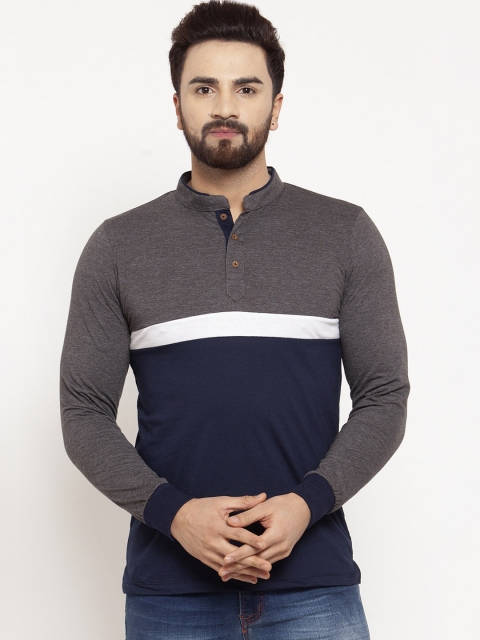 

Kalt Men Navy Blue Colourblocked Mandarin Collar T-shirt
