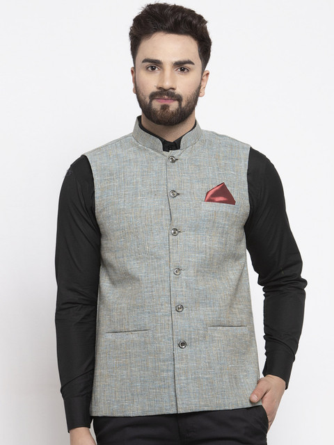 

KLOTTHE Men Grey Solid Satin Nehru Jacket
