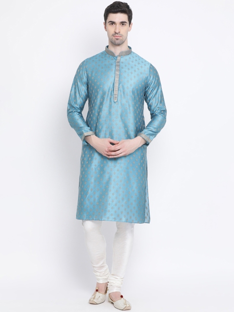 

Sanwara Men Turquoise Blue & Off-White Self Design Kurta with Churidar
