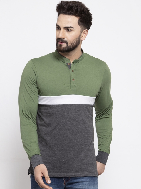 

Kalt Men Olive Green & Grey Colourblocked Mandarin Collar T-shirt