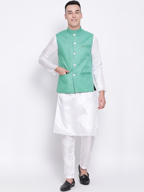

DEVOILER Men Green & White Solid Kurta with Pyjamas & Nehru Jacket