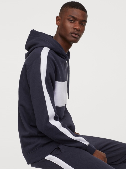 

H&M Men Blue & White Colourblocked Hooded Top
