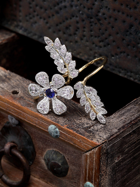 

DUGRISTYLE Sterling Silver-Plated Gold-Toned & Blue AD-Studded Double Finger Ring