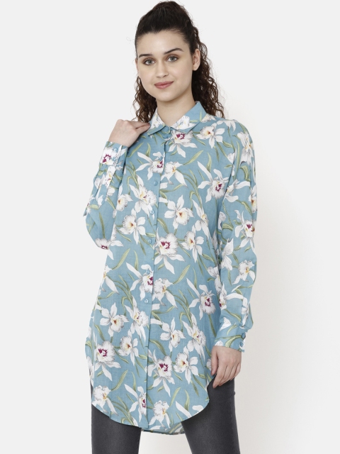 

Double Two Women Turquoise Blue & White Regular Fit Printed Casual Longline Shirt