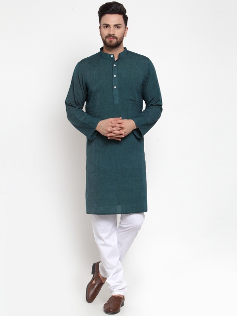 

NEUDIS Men Teal Green & White Striped Kurta with Churidar
