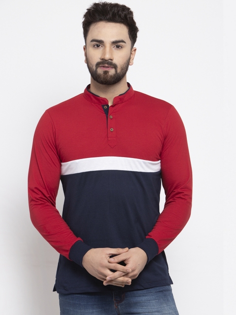 

Kalt Men Navy Blue Colourblocked Mandarin Collar T-shirt