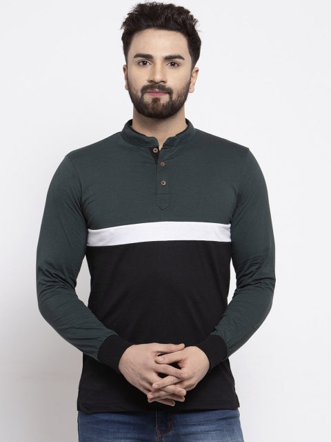 

Kalt Men Black & Green Colourblocked Mandarin Collar T-shirt