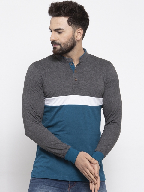

Kalt Men Teal Blue & Grey Colourblocked Mandarin Collar T-shirt
