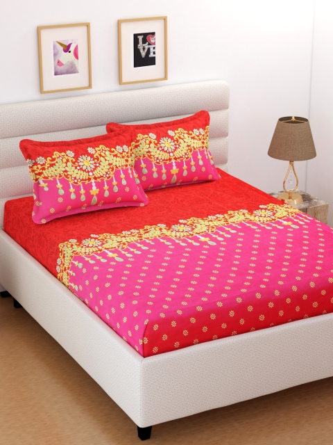 XtroMac Pink & Red Floral 104 TC Polycotton 1 Queen Bedsheet with 2 Pillow Covers
