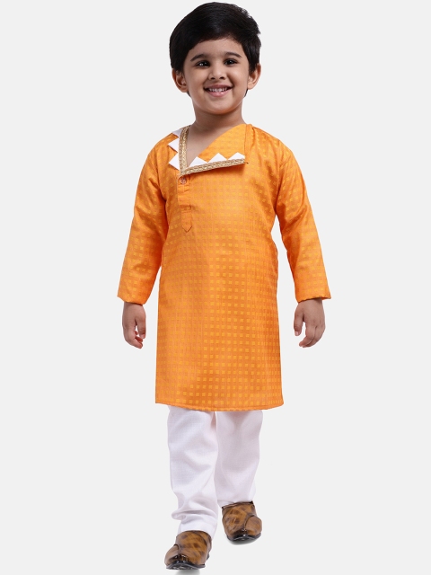 

BownBee Boys Orange & White Self Design Kurta with Trousers