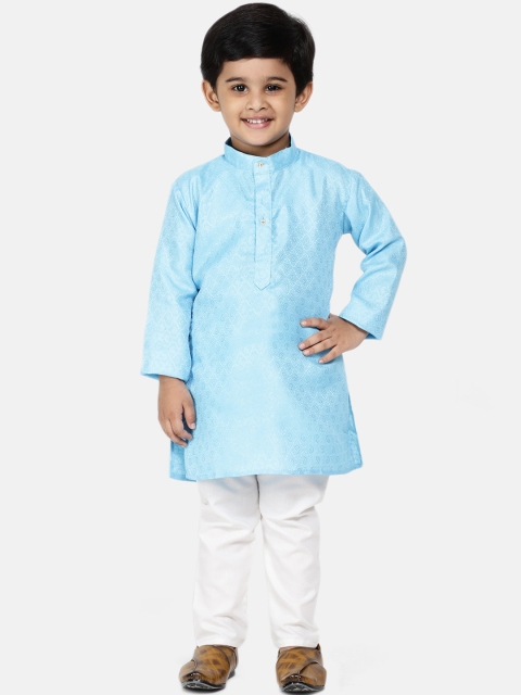 

BownBee Boys Blue & White Self Design Kurta with Trousers