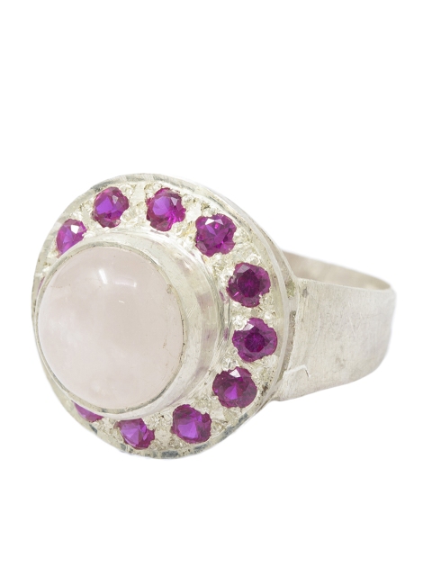

Unniyarcha Jewellery Pure 92.5 Silver & Pink Stone Studded Adjustable Finger Ring