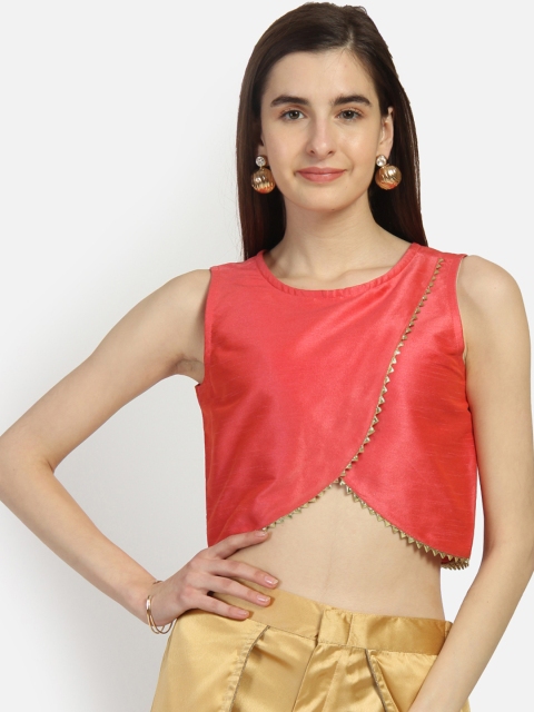 

studio rasa Women Dupion Overflap Embellished Crop Top, Coral
