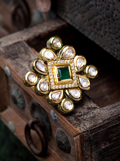 

DUGRISTYLE Gold-Plated Green & White Kundan Studded Handcrafted Adjustable Finger Ring