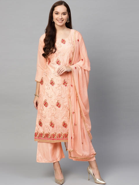 

Ishin Women Peach-Coloured Embroidered Kurta with Palazzos & Dupatta