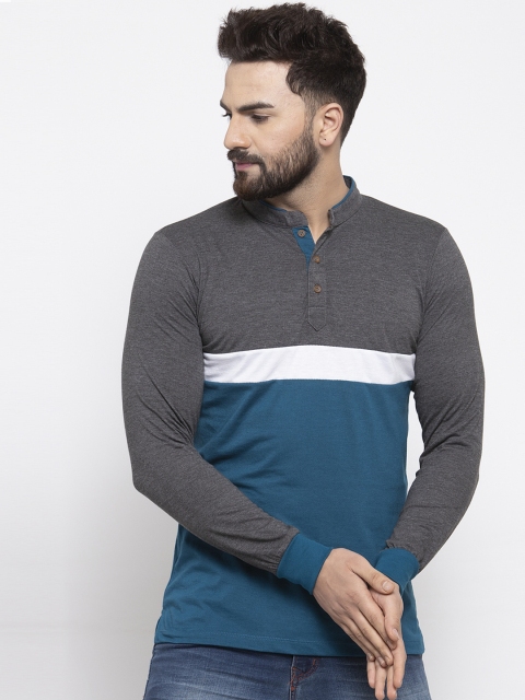 

Kalt Men Teal Colourblocked Mandarin Collar T-shirt