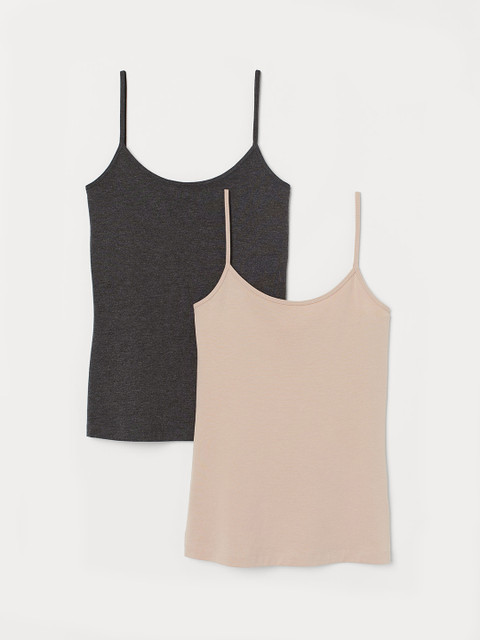 

H&M Women Beige & Charcoal Grey Solid 2-Pack Cotton-Mix Strappy Tops