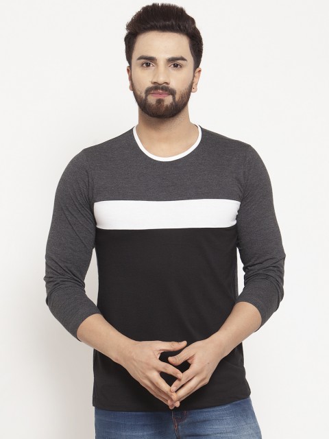 

Kalt Men Charcoal Grey & Black Colourblocked Round Neck T-shirt