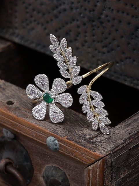 

DUGRISTYLE Sterling Silver-Plated Gold-Toned & Green AD-Studded Double Finger Ring