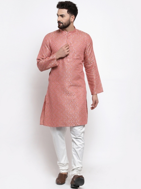 

NEUDIS Men Pink & White Woven Design Kurta with Churidar