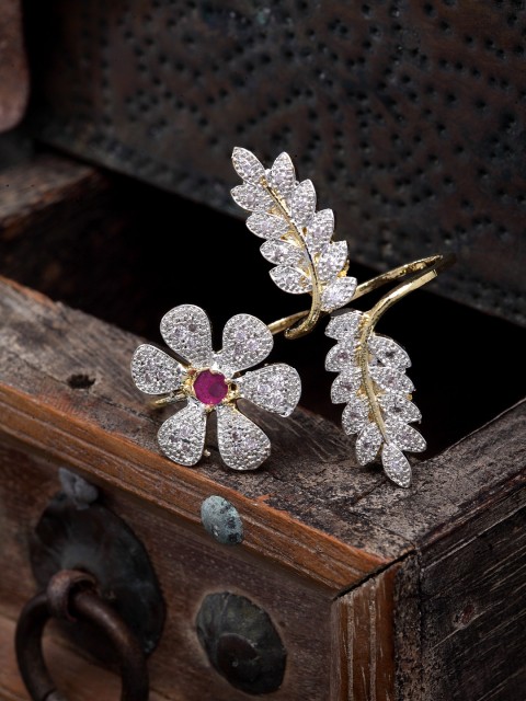 

DUGRISTYLE Sterling Silver-Plated Gold-Toned & Pink AD-Studded Double Finger Ring