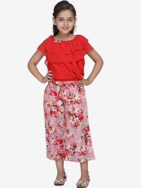 

CUTECUMBER Girls Red & Peach-Coloured Solid Top with Palazzos