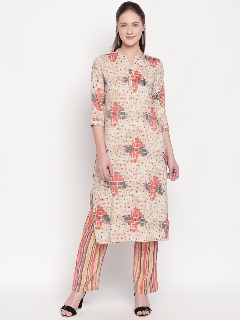 

ZRI Women Cream-Coloured & Blue Printed Kurta with Palazzos
