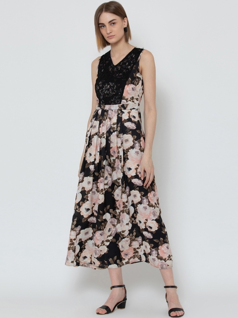 

DODO & MOA Women Black & Peach Floral Print Fit & Flare Dress