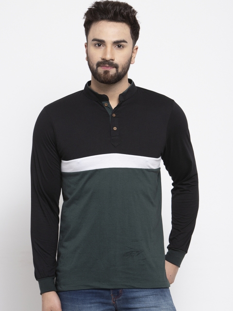 

Kalt Men Green & Black Colourblocked Mandarin Collar T-shirt
