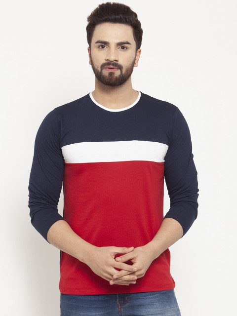 

Kalt Men Red & Navy Blue Colourblocked Round Neck T-shirt