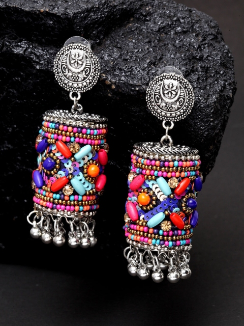 

Infuzze Multicoloured & Silver-Toned Handcrafted Classic Jhumkas, Multi