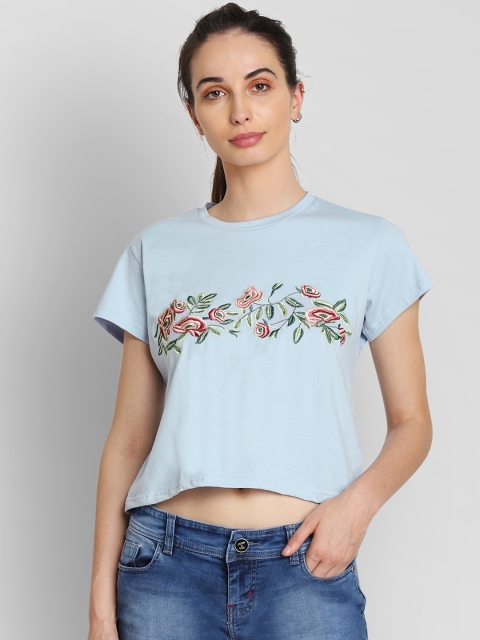 

JUMP USA Women Blue Floral Embroidered Crop Top