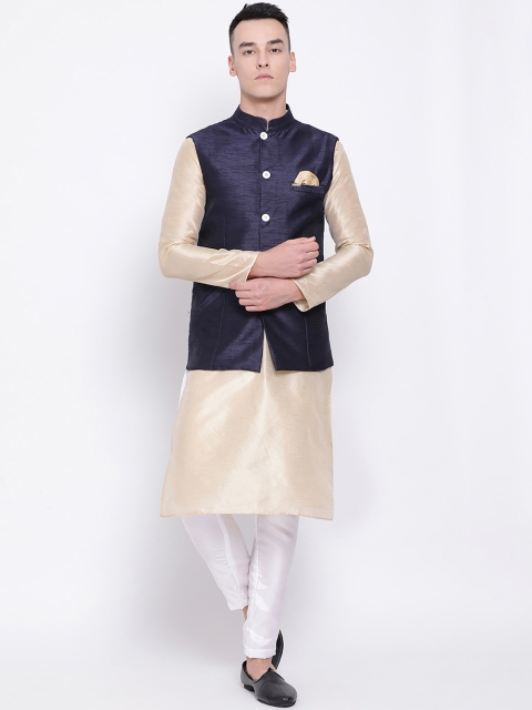 

DEVOILER Men Navy Blue & Gold-Coloured Solid Kurta with Pyjamas & Nehru Jacket