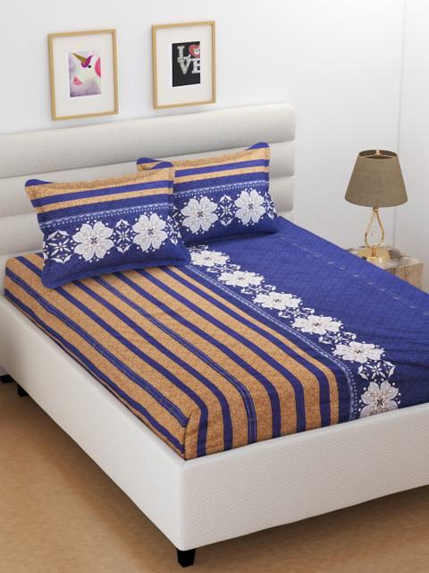 

XtroMac Blue Ethnic Motifs 104 TC Polycotton 1 Queen Bedsheet with 2 Pillow Covers