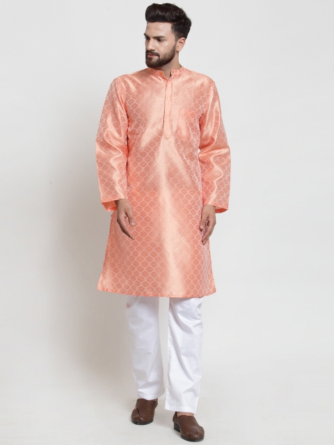 

NEUDIS Men Peach-Coloured & White Jacquard Woven Design Kurta with Pyjamas