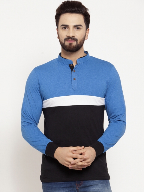 

Kalt Men Blue & Black Colourblocked Mandarin Collar T-shirt