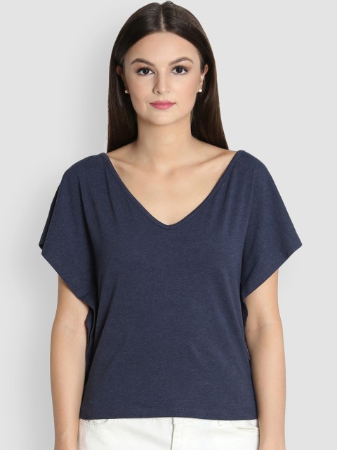

LA LOFT Women Navy Blue Solid V-Neck T-shirt