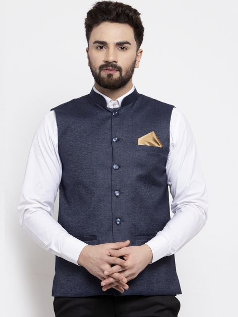 

KLOTTHE Men Blue Solid Satin Pure Cotton Nehru Jacket