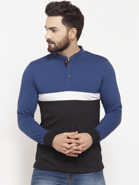 

Kalt Men Blue & Black Colourblocked Mandarin Collar T-shirt