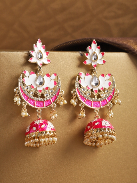 

Kairi Pink & White Gold Plated Meenakari Dome Shaped Jhumkas