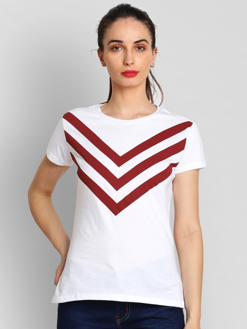 

JUMP USA Women White & Maroon Striped Round Neck T-shirt