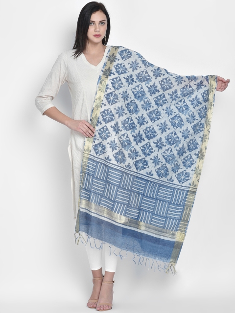 

Dupatta Bazaar Blue & White Printed Chanderi Silk Dupatta