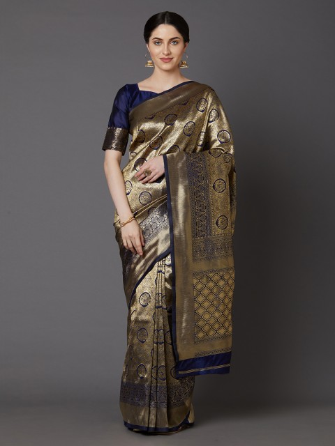 

Mitera Navy Blue & Gold-Toned Silk Blend Woven Design Banarasi Saree