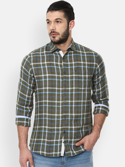 

Van Heusen Sport Men Olive Green & Grey Slim Fit Checked Casual Linen Shirt