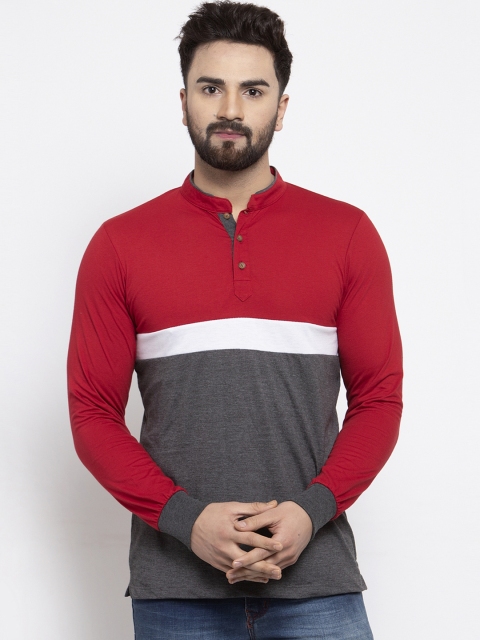 

Kalt Men Red & Grey Colourblocked Mandarin Collar T-shirt