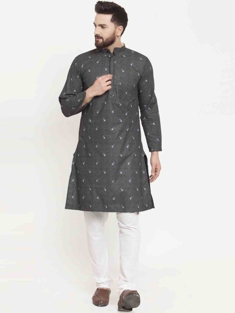 

KLOTTHE Men Black & Grey Floral Printed Straight Kurta